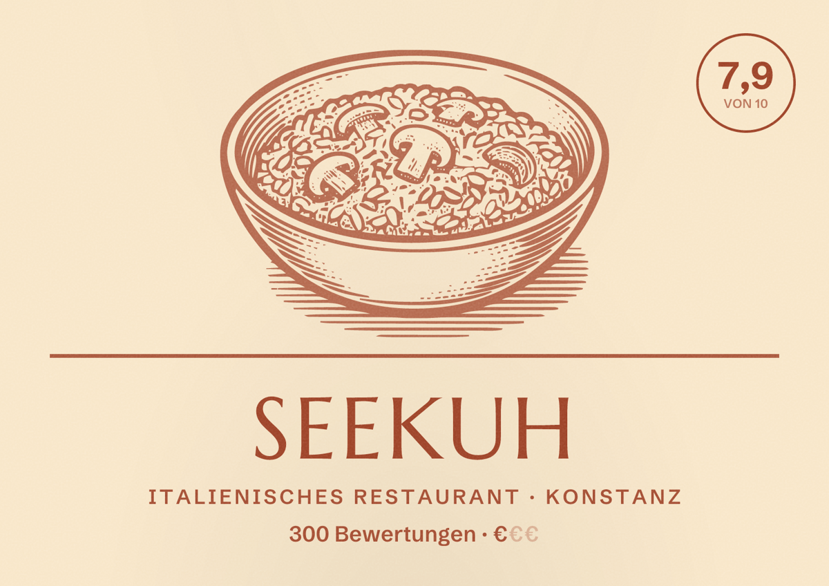 Illustriertes Poster von Seekuh, Italienisches Restaurant in Konstanz: Bewertung 7,9 von 10 aus 300 Bewertungen, Preisniveau €