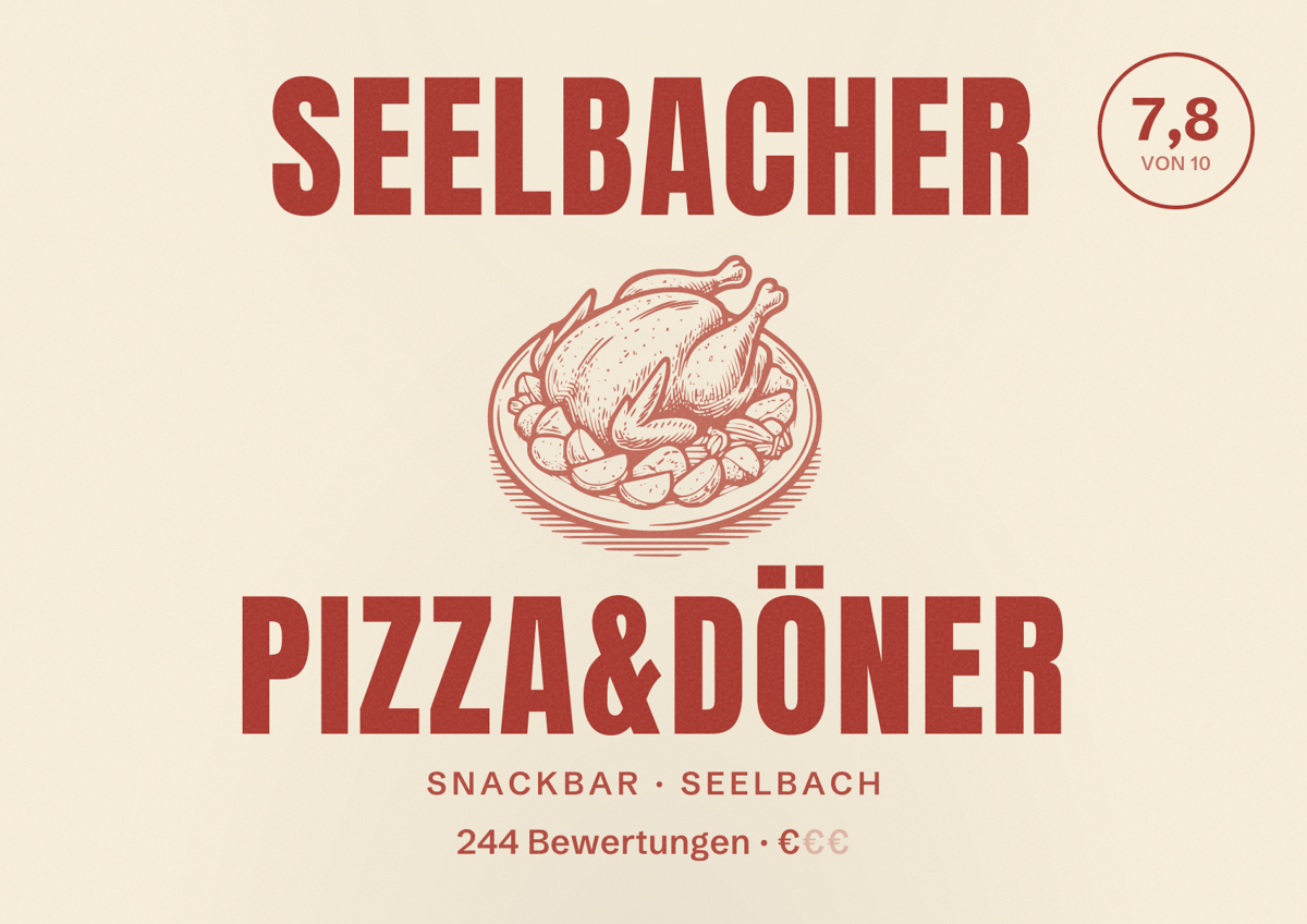 Illustriertes Poster von Seelbacher Pizza&Döner, Snackbar in Seelbach: Bewertung 7,8 von 10 aus 244 Bewertungen, Preisniveau €