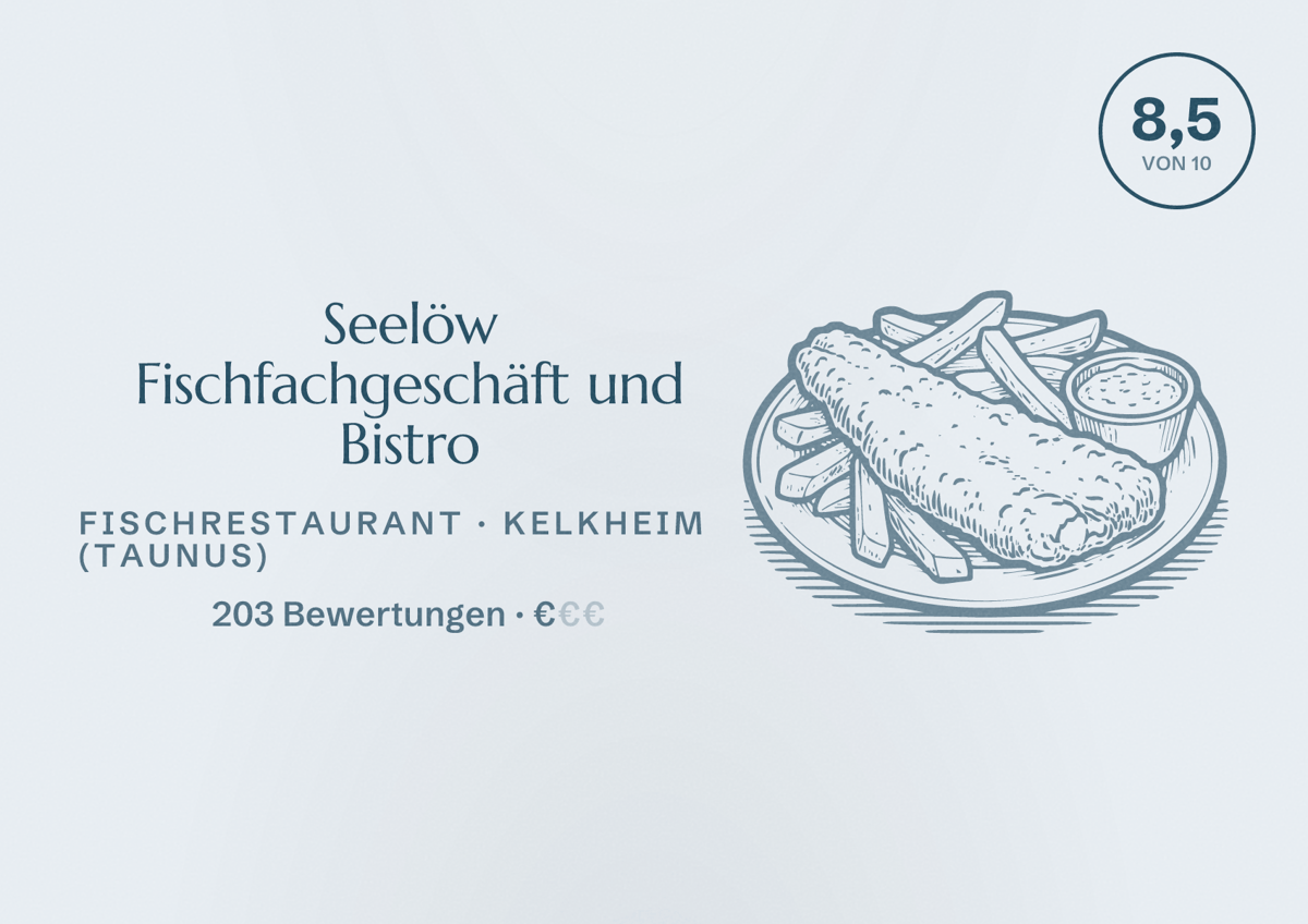 Illustriertes Poster von Seelöw Fischfachgeschäft und Bistro, Fischrestaurant in Kelkheim (Taunus): Bewertung 8,5 von 10 aus 203 Bewertungen, Preisniveau €