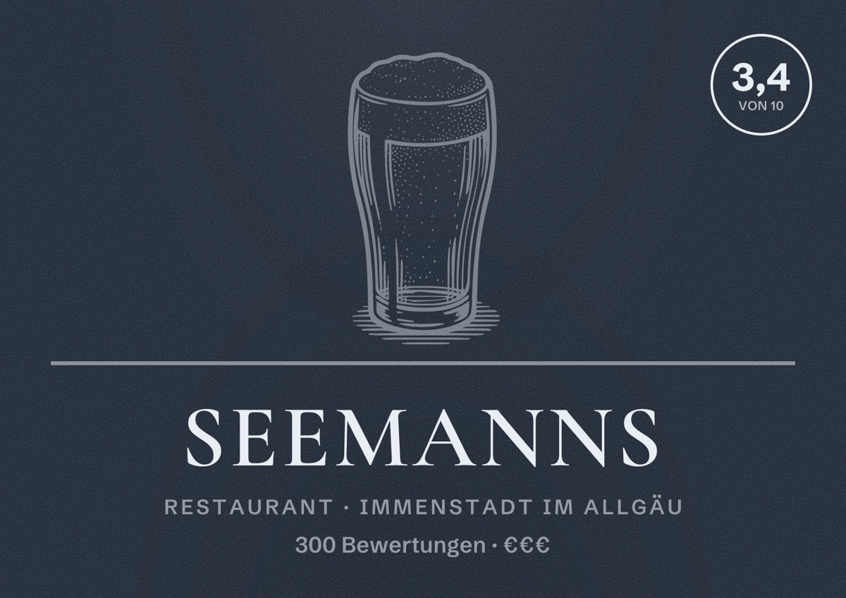 Illustriertes Poster von Seemanns, Restaurant in Immenstadt im Allgäu: Bewertung 3,4 von 10 aus 300 Bewertungen, Preisniveau €€€