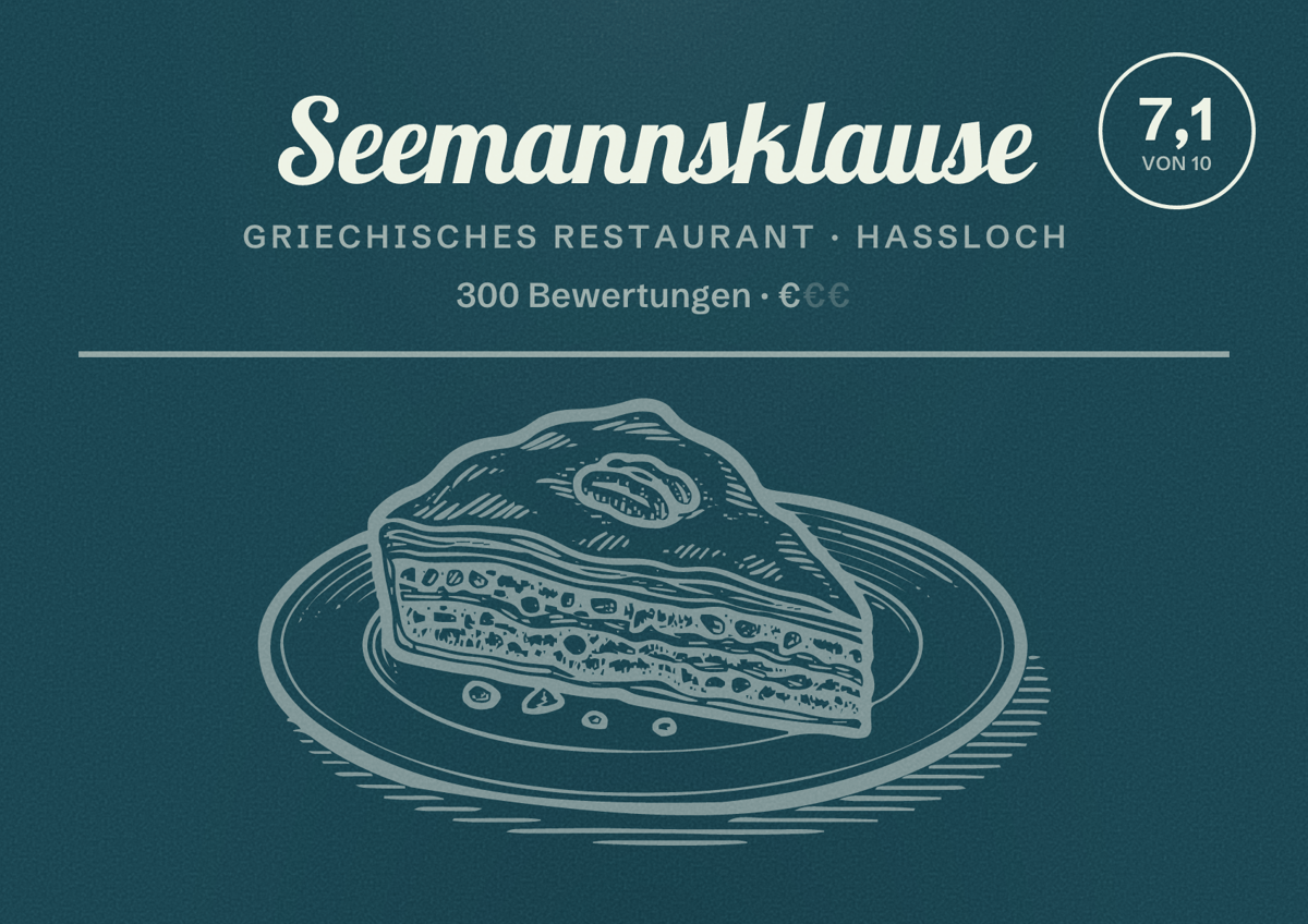 Illustriertes Poster von Seemannsklause, Griechisches Restaurant in Haßloch: Bewertung 7,1 von 10 aus 300 Bewertungen, Preisniveau €