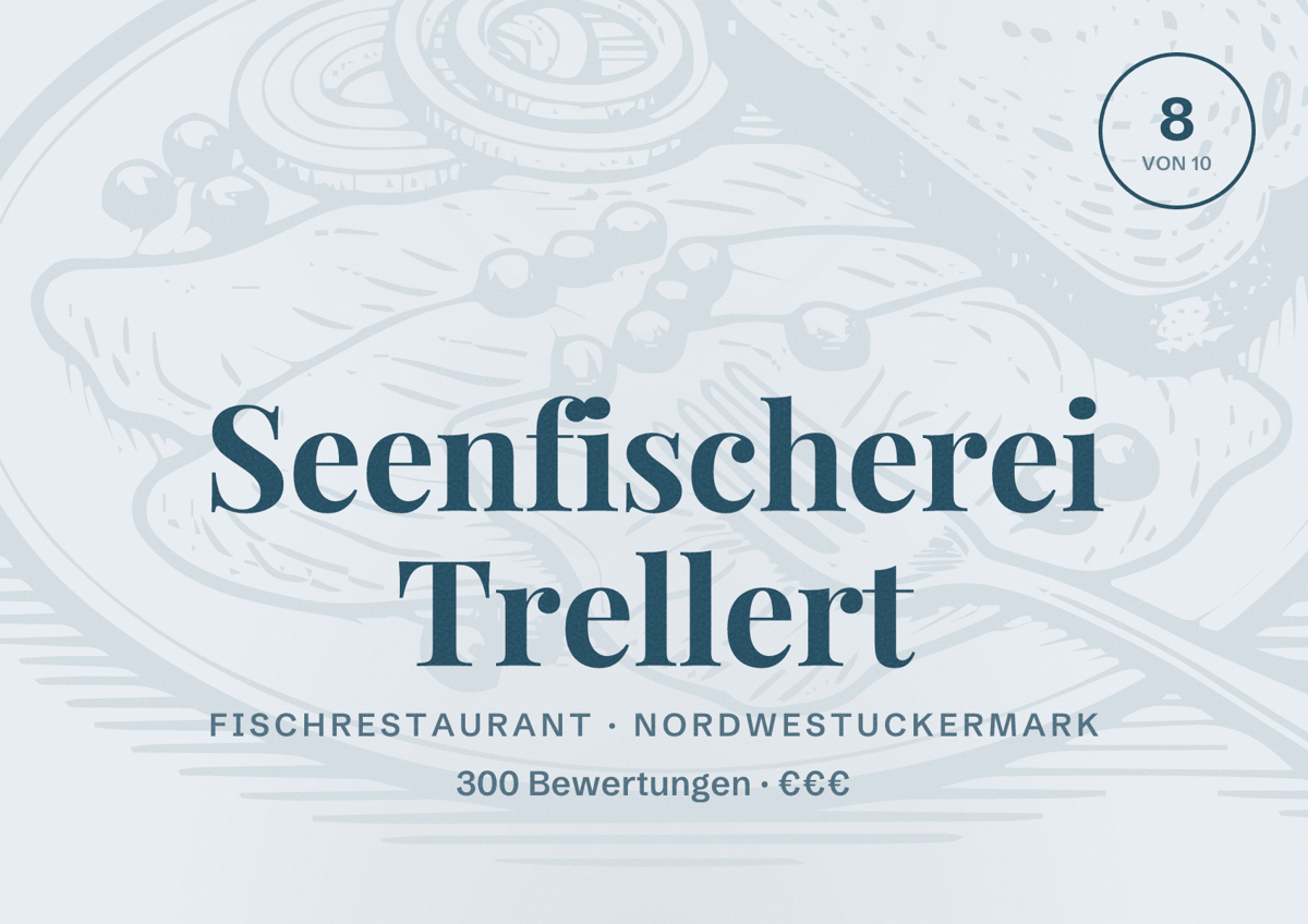 Illustriertes Poster von Seenfischerei Trellert, Fischrestaurant in Nordwestuckermark: Bewertung 8 von 10 aus 300 Bewertungen, Preisniveau €€€