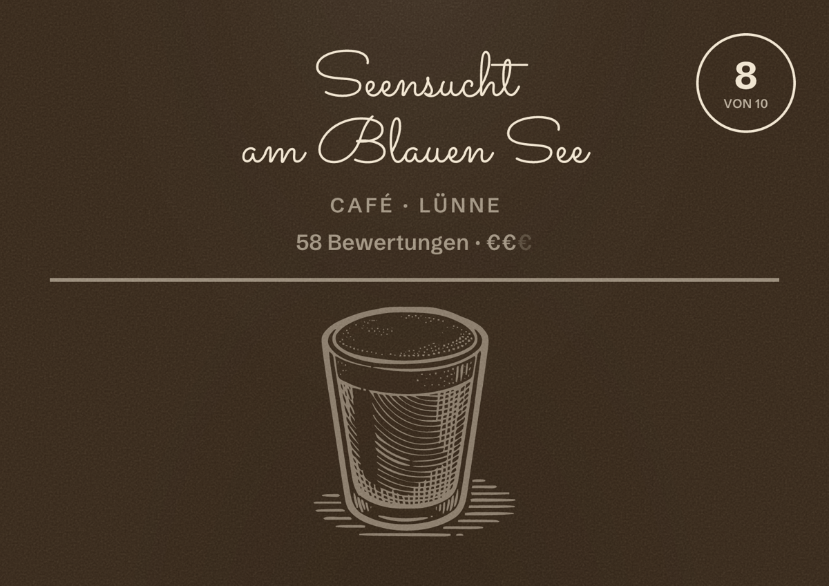 Illustriertes Poster von Seensucht am Blauen See, Café in Lünne: Bewertung 8 von 10 aus 58 Bewertungen, Preisniveau €€