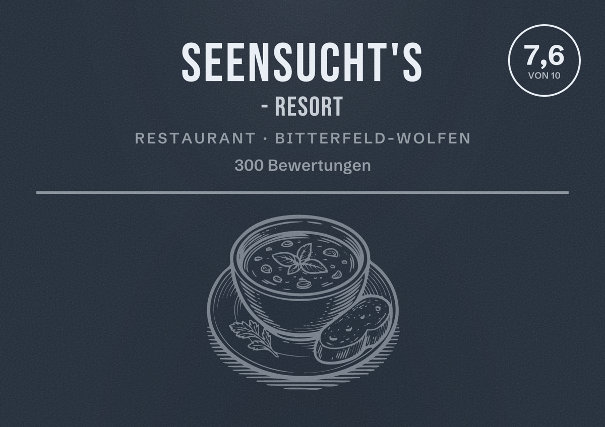 Illustriertes Poster von Seensucht's - Resort, Restaurant in Bitterfeld-Wolfen: Bewertung 7,6 von 10 aus 300 Bewertungen