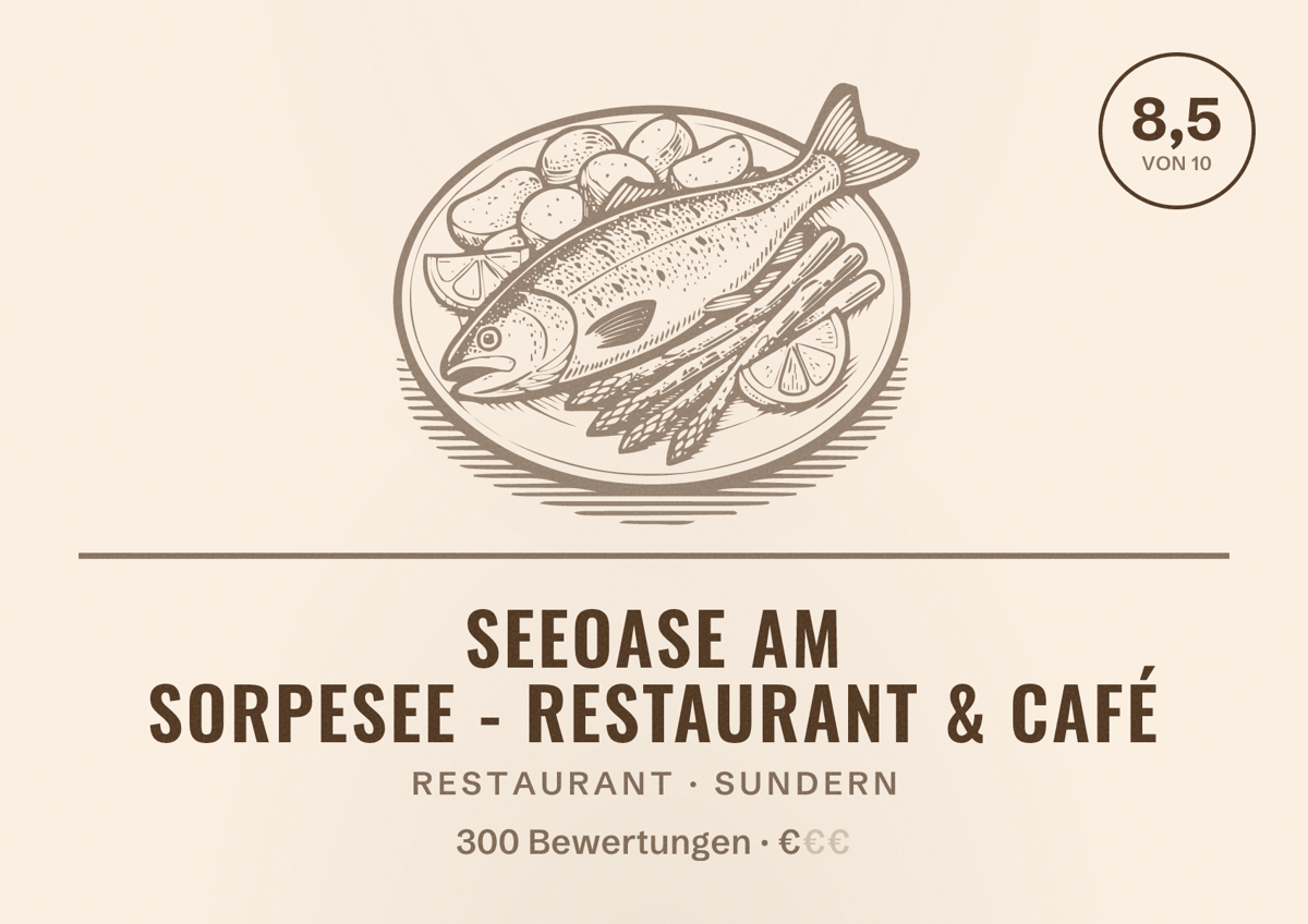 Illustriertes Poster von Seeoase am Sorpesee - Restaurant & Café, Restaurant in Sundern: Bewertung 8,5 von 10 aus 300 Bewertungen, Preisniveau €