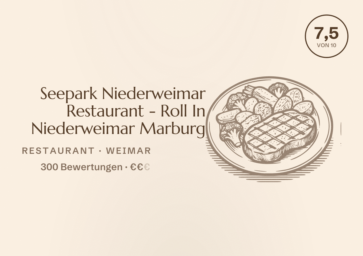 Illustriertes Poster von Seepark Niederweimar Restaurant - Roll In Niederweimar Marburg, Restaurant in Weimar: Bewertung 7,5 von 10 aus 300 Bewertungen, Preisniveau €€