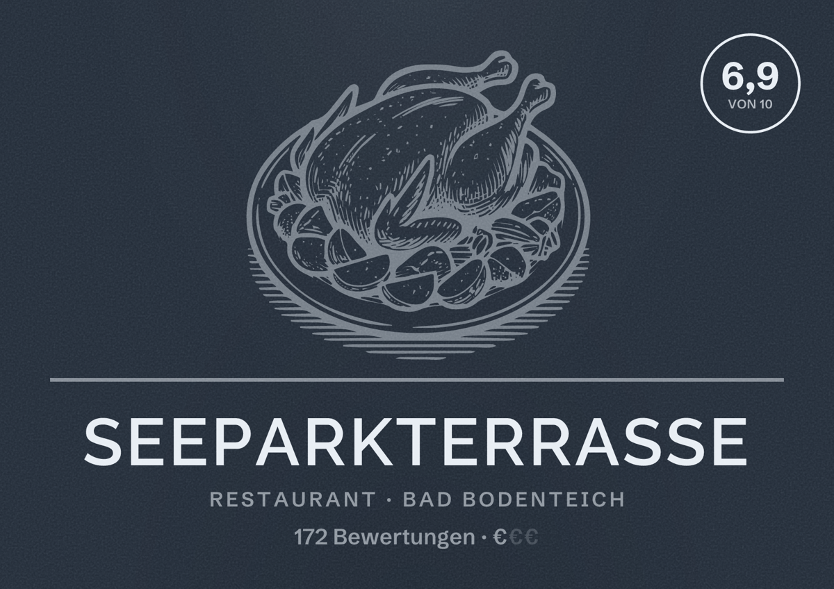 Illustriertes Poster von Seeparkterrasse, Restaurant in Bad Bodenteich: Bewertung 6,9 von 10 aus 172 Bewertungen, Preisniveau €
