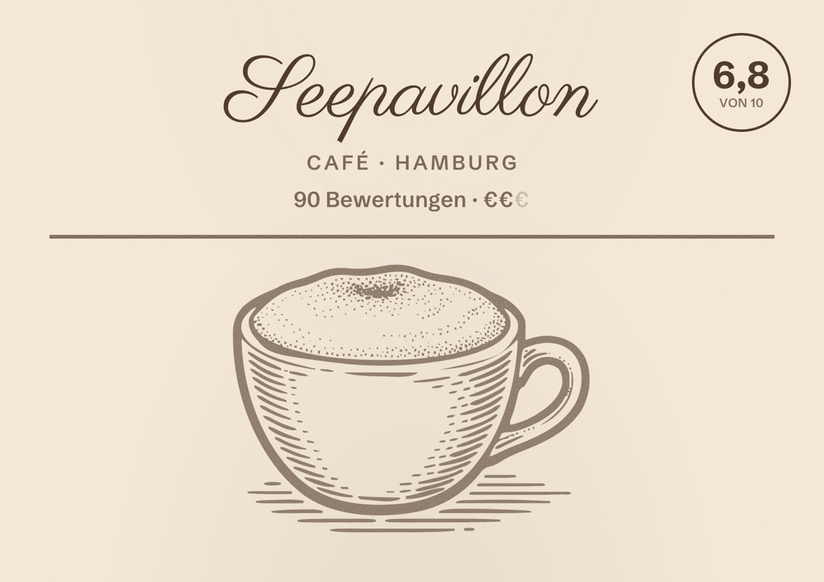 Illustriertes Poster von Seepavillon, Café in Hamburg: Bewertung 6,8 von 10 aus 90 Bewertungen, Preisniveau €€