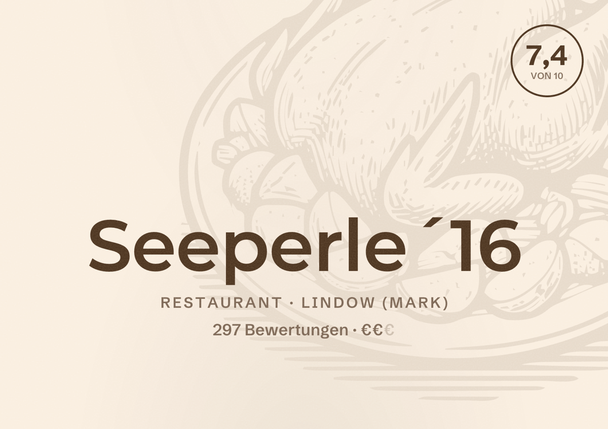 Illustriertes Poster von Seeperle´16, Restaurant in Lindow (Mark): Bewertung 7,4 von 10 aus 297 Bewertungen, Preisniveau €€