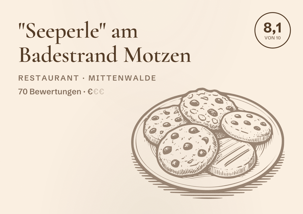 Illustriertes Poster von "Seeperle" am Badestrand Motzen, Restaurant in Mittenwalde: Bewertung 8,1 von 10 aus 70 Bewertungen, Preisniveau €