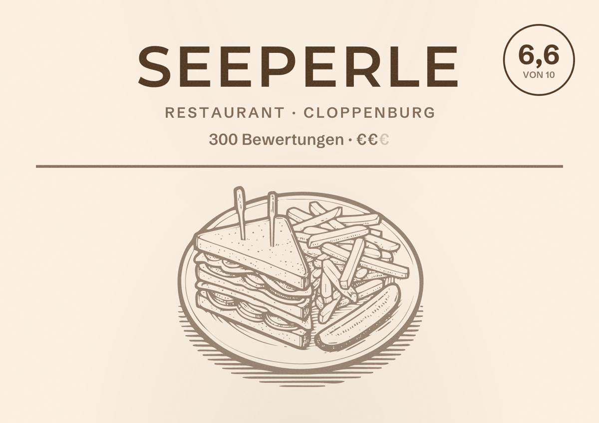 Illustriertes Poster von Seeperle, Restaurant in Cloppenburg: Bewertung 6,6 von 10 aus 300 Bewertungen, Preisniveau €€