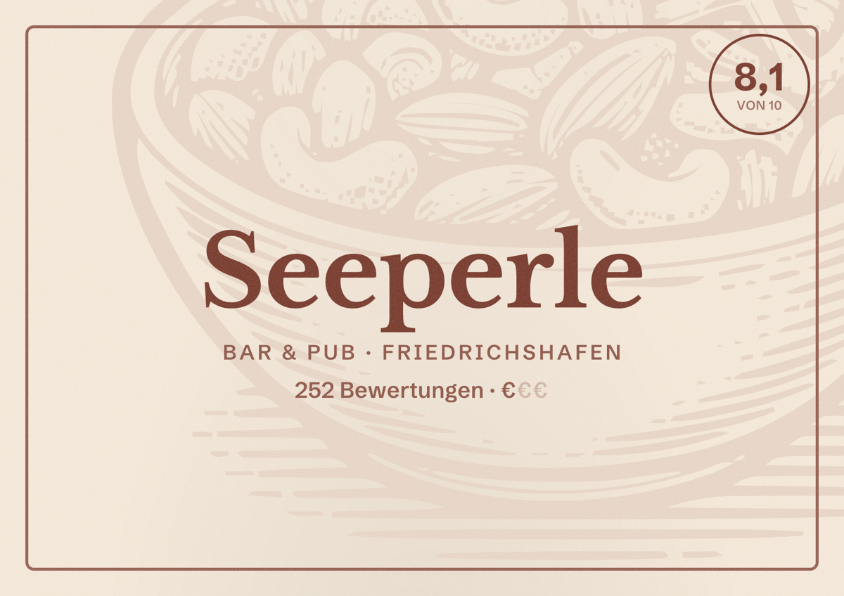 Illustriertes Poster von Seeperle, Bar & Pub in Friedrichshafen: Bewertung 8,1 von 10 aus 252 Bewertungen, Preisniveau €