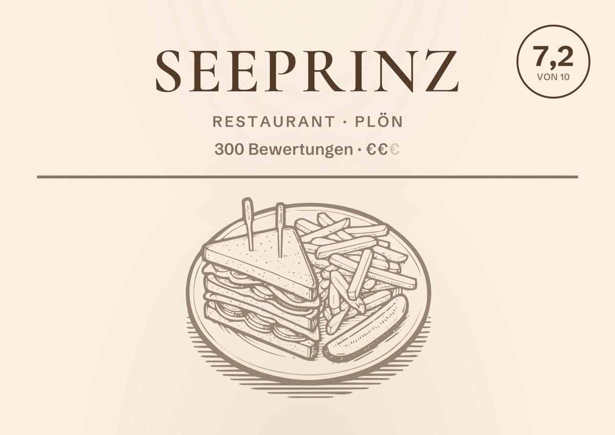 Illustriertes Poster von Seeprinz, Restaurant in Plön: Bewertung 7,2 von 10 aus 300 Bewertungen, Preisniveau €€
