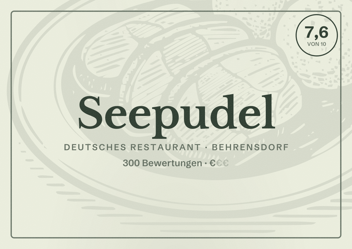 Illustriertes Poster von Seepudel, Deutsches Restaurant in Behrensdorf: Bewertung 7,6 von 10 aus 300 Bewertungen, Preisniveau €