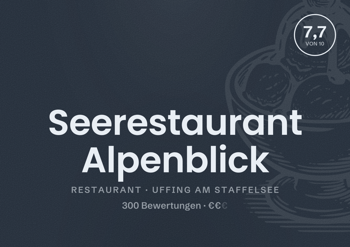 Illustriertes Poster von Seerestaurant Alpenblick, Restaurant in Uffing am Staffelsee: Bewertung 7,7 von 10 aus 300 Bewertungen, Preisniveau €€