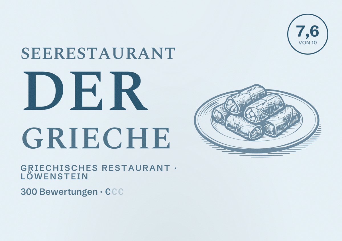 Illustriertes Poster von Seerestaurant der Grieche, Griechisches Restaurant in Löwenstein: Bewertung 7,6 von 10 aus 300 Bewertungen, Preisniveau €
