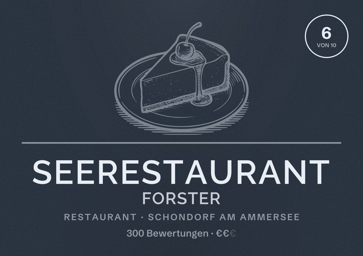Illustriertes Poster von Seerestaurant Forster, Restaurant in Schondorf am Ammersee: Bewertung 6 von 10 aus 300 Bewertungen, Preisniveau €€