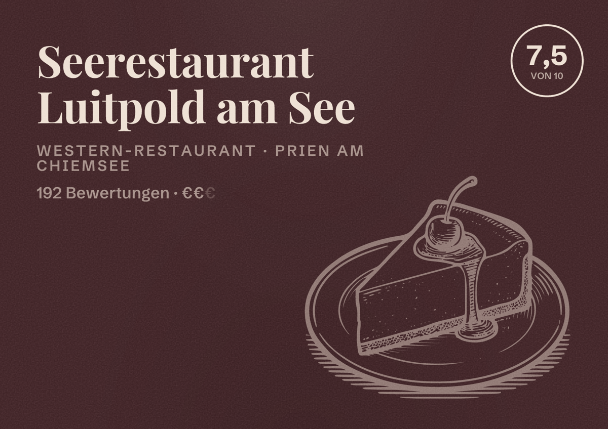 Illustriertes Poster von Seerestaurant Luitpold am See, Western-Restaurant in Prien am Chiemsee: Bewertung 7,5 von 10 aus 192 Bewertungen, Preisniveau €€