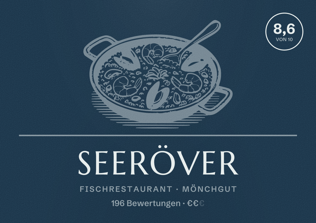 Illustriertes Poster von Seeröver, Fischrestaurant in Mönchgut: Bewertung 8,6 von 10 aus 196 Bewertungen, Preisniveau €€