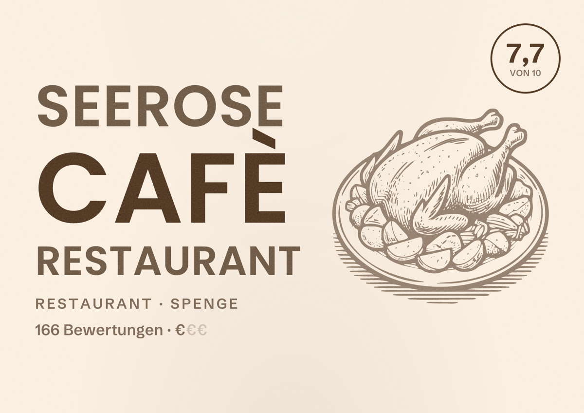 Illustriertes Poster von Seerose Cafè Restaurant, Restaurant in Spenge: Bewertung 7,7 von 10 aus 166 Bewertungen, Preisniveau €