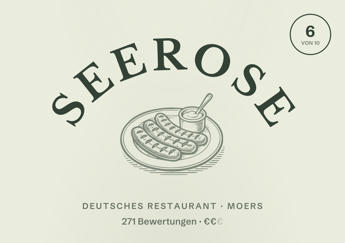 Illustriertes Poster von Seerose, Deutsches Restaurant in Moers: Bewertung 6 von 10 aus 271 Bewertungen, Preisniveau €€