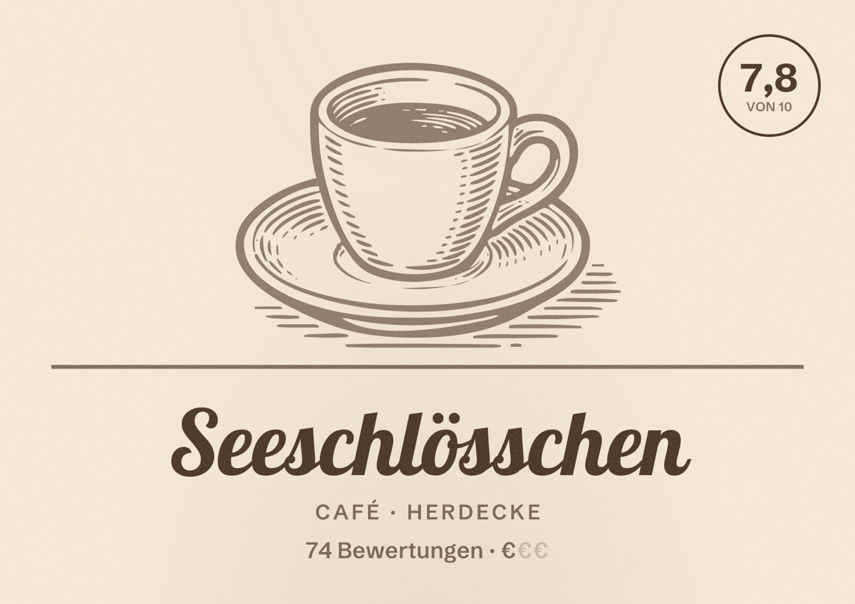 Illustriertes Poster von Seeschlösschen, Café in Herdecke: Bewertung 7,8 von 10 aus 74 Bewertungen, Preisniveau €