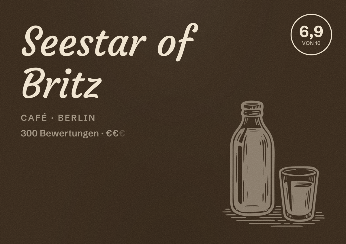 Illustriertes Poster von Seestar of Britz, Café in Berlin: Bewertung 6,9 von 10 aus 300 Bewertungen, Preisniveau €€