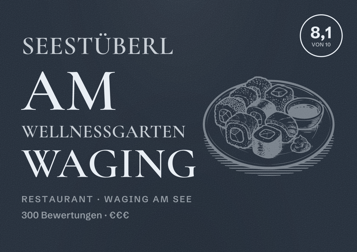 Illustriertes Poster von Seestüberl am Wellnessgarten Waging, Restaurant in Waging am See: Bewertung 8,1 von 10 aus 300 Bewertungen, Preisniveau €€€
