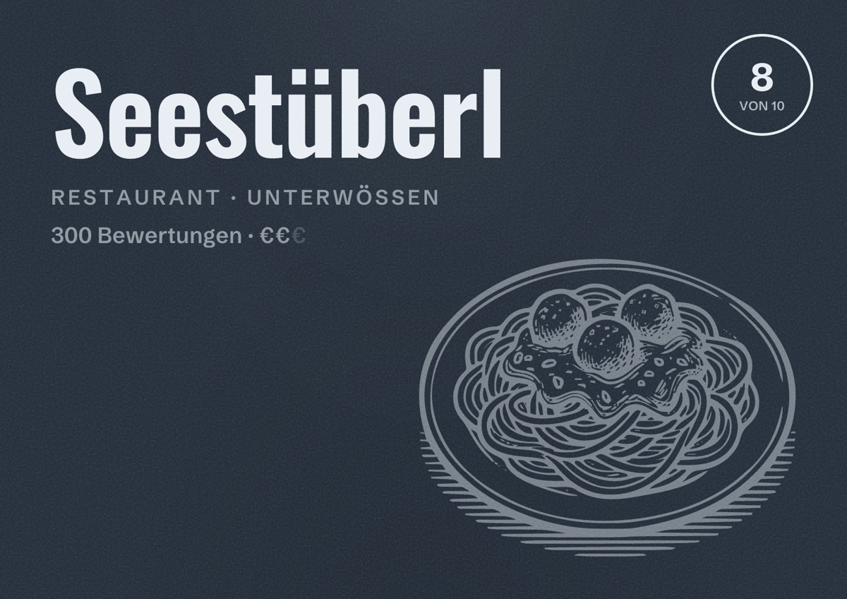 Illustriertes Poster von Seestüberl, Restaurant in Unterwössen: Bewertung 8 von 10 aus 300 Bewertungen, Preisniveau €€