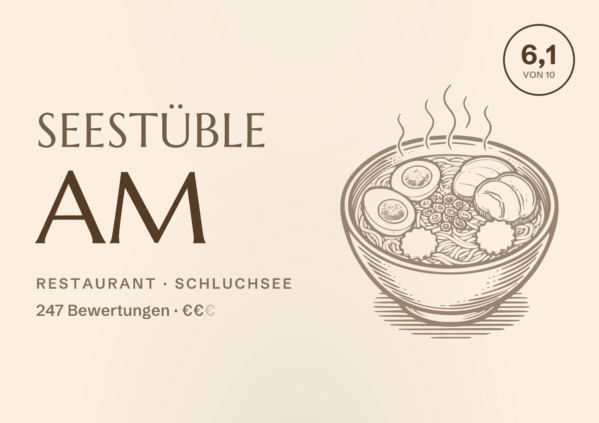 Illustriertes Poster von Seestüble am, Restaurant in Schluchsee: Bewertung 6,1 von 10 aus 247 Bewertungen, Preisniveau €€