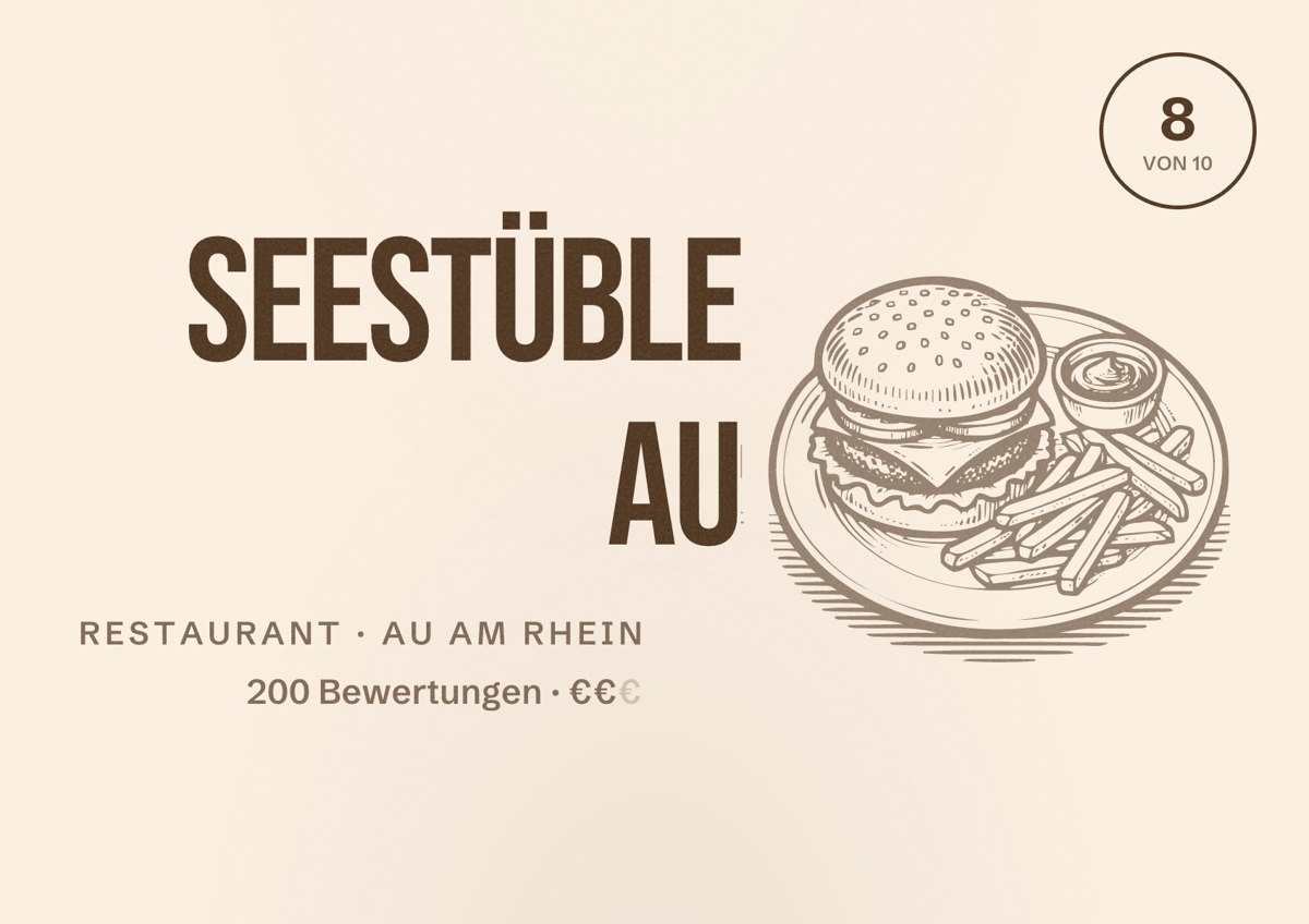 Illustriertes Poster von Seestüble Au, Restaurant in Au am Rhein: Bewertung 8 von 10 aus 200 Bewertungen, Preisniveau €€