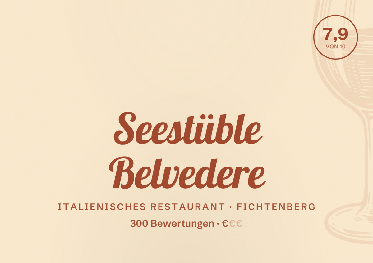 Illustriertes Poster von Seestüble Belvedere, Italienisches Restaurant in Fichtenberg: Bewertung 7,9 von 10 aus 300 Bewertungen, Preisniveau €