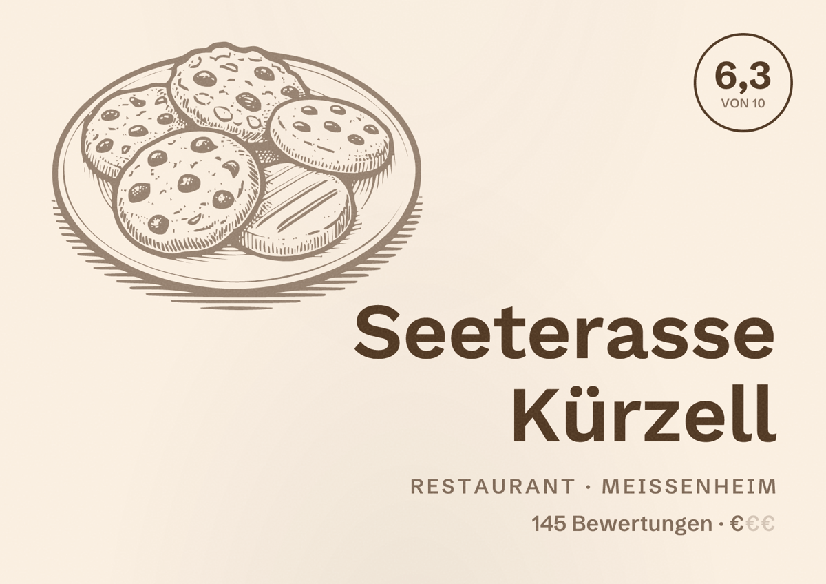 Illustriertes Poster von Seeterasse Kürzell, Restaurant in Meißenheim: Bewertung 6,3 von 10 aus 145 Bewertungen, Preisniveau €