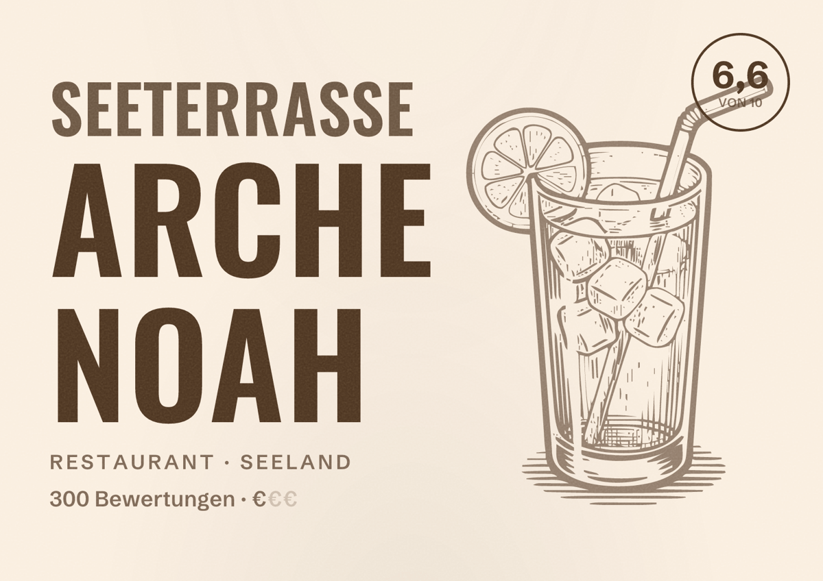 Illustriertes Poster von SEETERRASSE ARCHE NOAH, Restaurant in Seeland: Bewertung 6,6 von 10 aus 300 Bewertungen, Preisniveau €