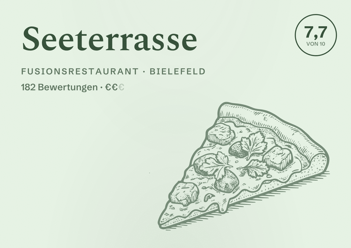 Illustriertes Poster von Seeterrasse, Fusionsrestaurant in Bielefeld: Bewertung 7,7 von 10 aus 182 Bewertungen, Preisniveau €€
