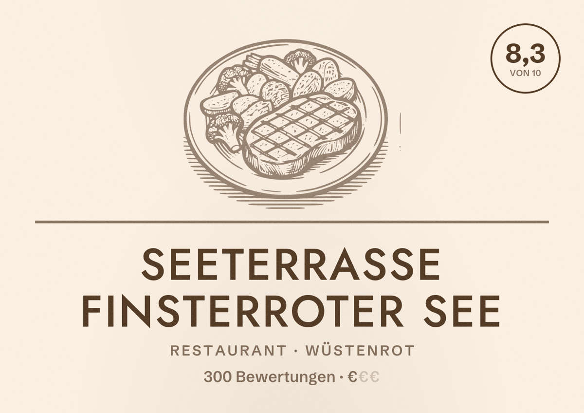 Illustriertes Poster von Seeterrasse Finsterroter See, Restaurant in Wüstenrot: Bewertung 8,3 von 10 aus 300 Bewertungen, Preisniveau €