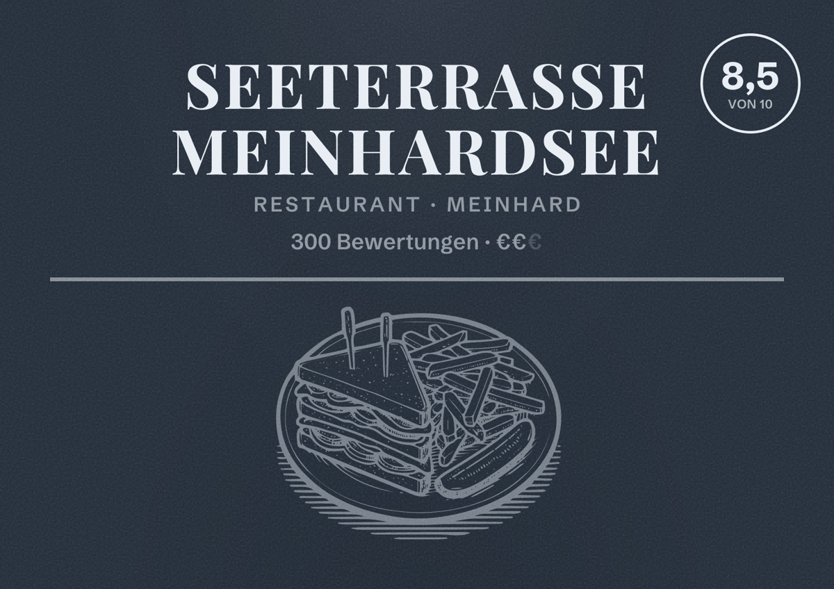 Illustriertes Poster von Seeterrasse Meinhardsee, Restaurant in Meinhard: Bewertung 8,5 von 10 aus 300 Bewertungen, Preisniveau €€