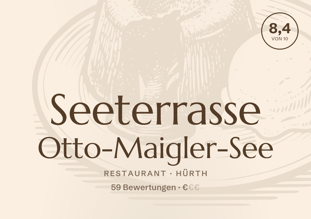 Illustriertes Poster von Seeterrasse Otto-Maigler-See, Restaurant in Hürth: Bewertung 8,4 von 10 aus 59 Bewertungen, Preisniveau €