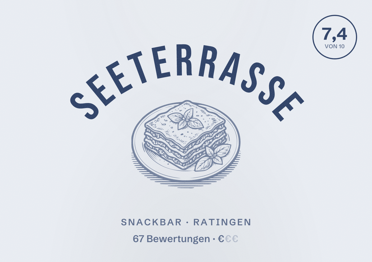 Illustriertes Poster von Seeterrasse, Snackbar in Ratingen: Bewertung 7,4 von 10 aus 67 Bewertungen, Preisniveau €
