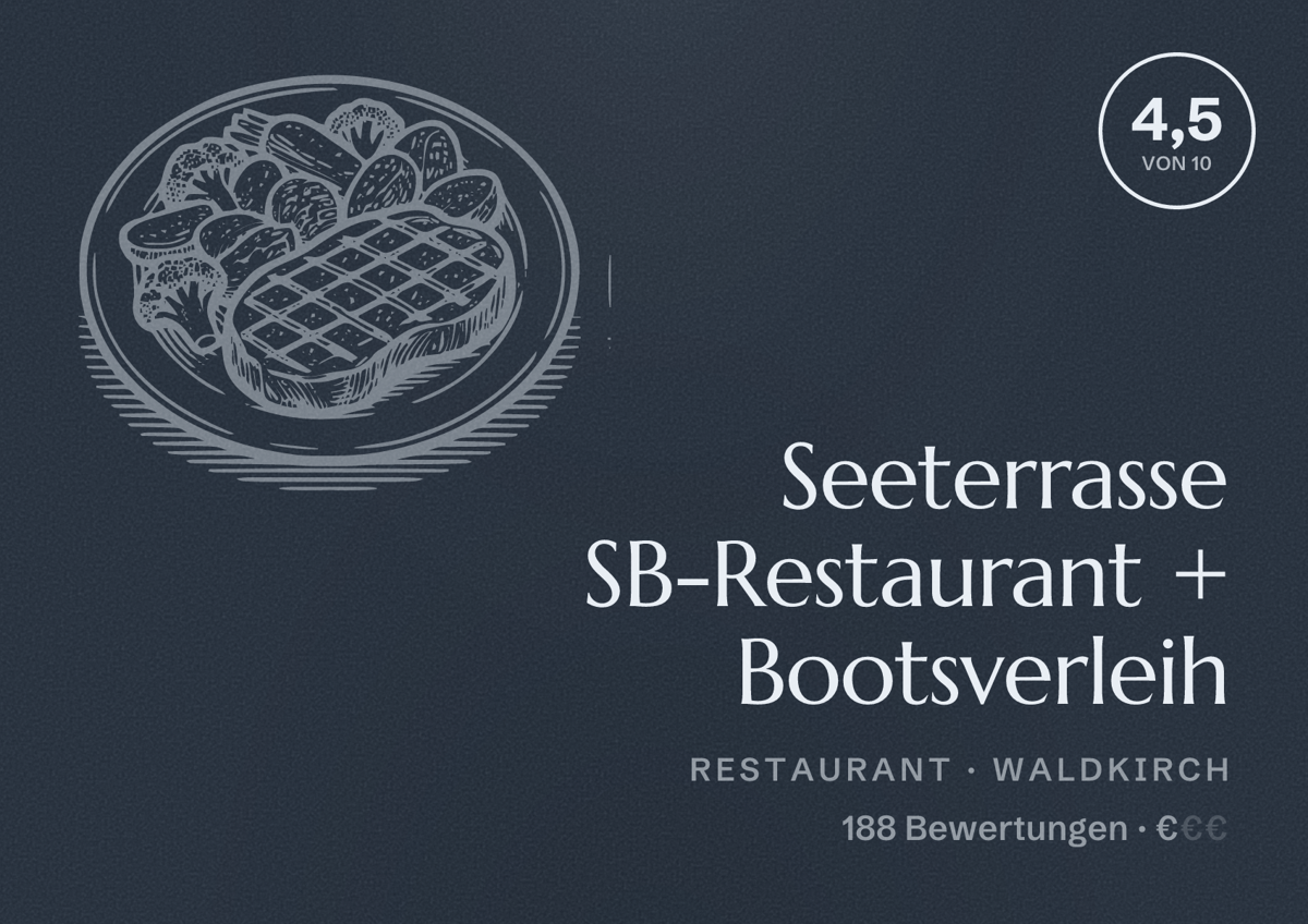 Illustriertes Poster von Seeterrasse SB-Restaurant + Bootsverleih, Restaurant in Waldkirch: Bewertung 4,5 von 10 aus 188 Bewertungen, Preisniveau €