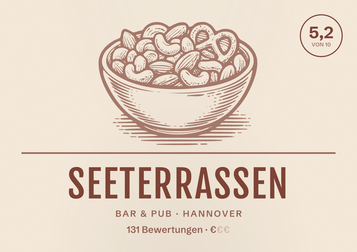 Illustriertes Poster von Seeterrassen, Bar & Pub in Hannover: Bewertung 5,2 von 10 aus 131 Bewertungen, Preisniveau €