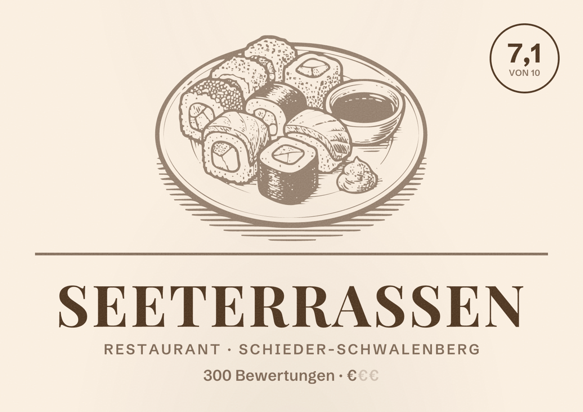 Illustriertes Poster von SeeTerrassen, Restaurant in Schieder-Schwalenberg: Bewertung 7,1 von 10 aus 300 Bewertungen, Preisniveau €