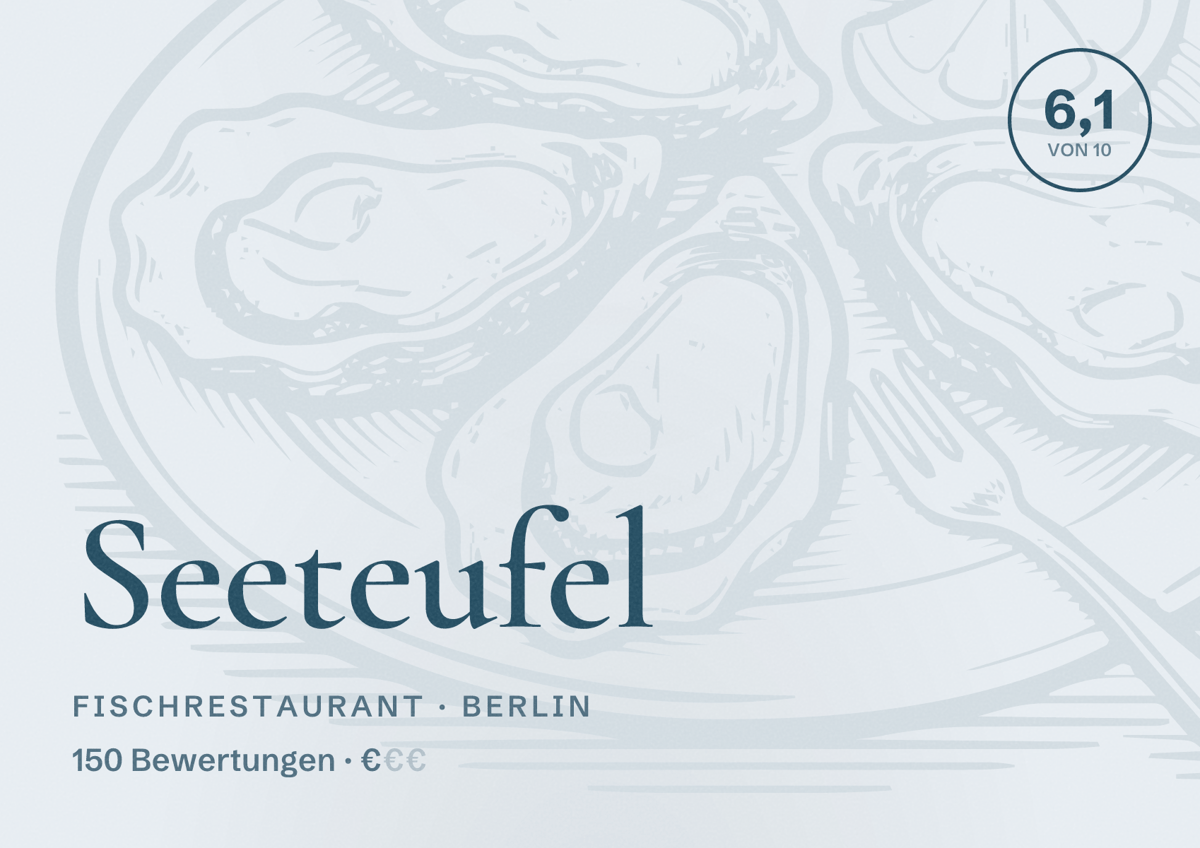 Illustriertes Poster von Seeteufel, Fischrestaurant in Berlin: Bewertung 6,1 von 10 aus 150 Bewertungen, Preisniveau €