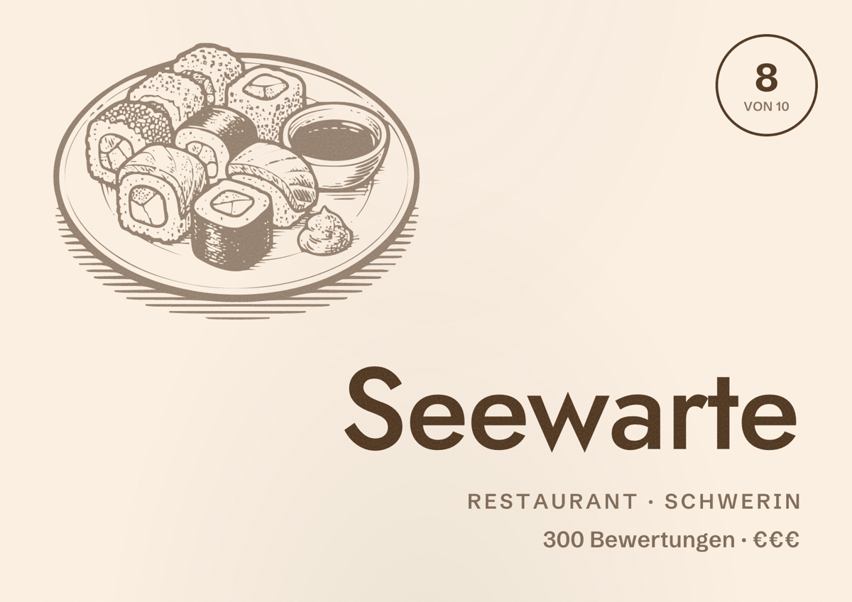 Illustriertes Poster von Seewarte, Restaurant in Schwerin: Bewertung 8 von 10 aus 300 Bewertungen, Preisniveau €€€