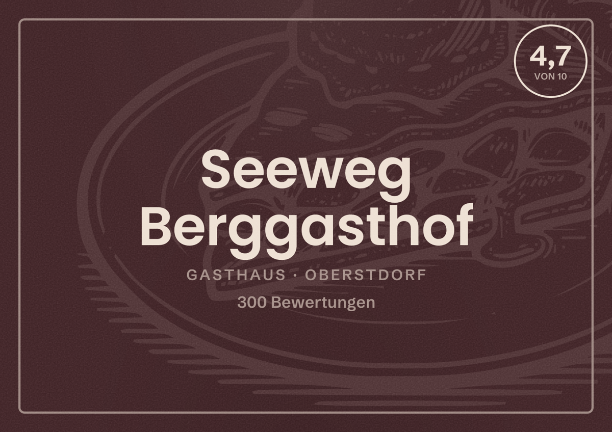 Illustriertes Poster von Seeweg Berggasthof, Gasthaus in Oberstdorf: Bewertung 4,7 von 10 aus 300 Bewertungen