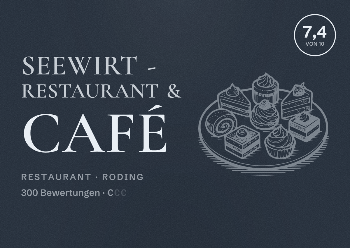 Illustriertes Poster von SEEWIRT - Restaurant & Café, Restaurant in Roding: Bewertung 7,4 von 10 aus 300 Bewertungen, Preisniveau €