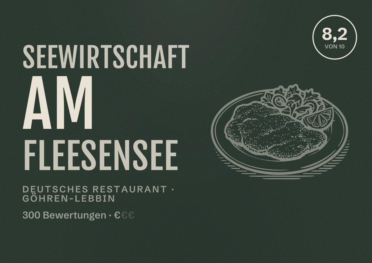Illustriertes Poster von Seewirtschaft am Fleesensee, Deutsches Restaurant in Göhren-Lebbin: Bewertung 8,2 von 10 aus 300 Bewertungen, Preisniveau €