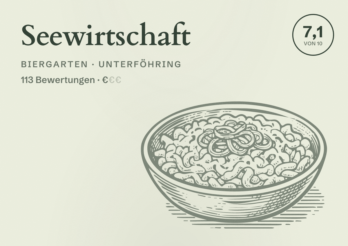 Illustriertes Poster von Seewirtschaft, Biergarten in Unterföhring: Bewertung 7,1 von 10 aus 113 Bewertungen, Preisniveau €