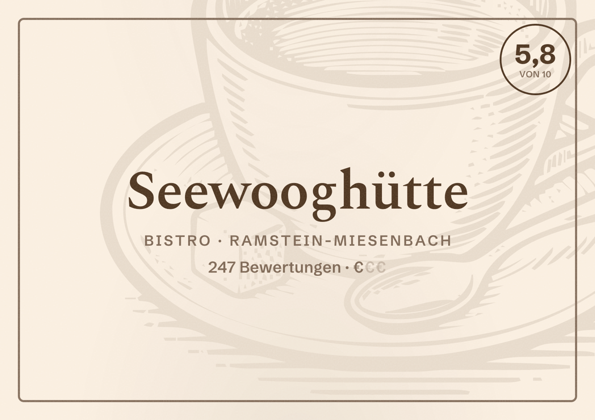 Illustriertes Poster von Seewooghütte, Bistro in Ramstein-Miesenbach: Bewertung 5,8 von 10 aus 247 Bewertungen, Preisniveau €