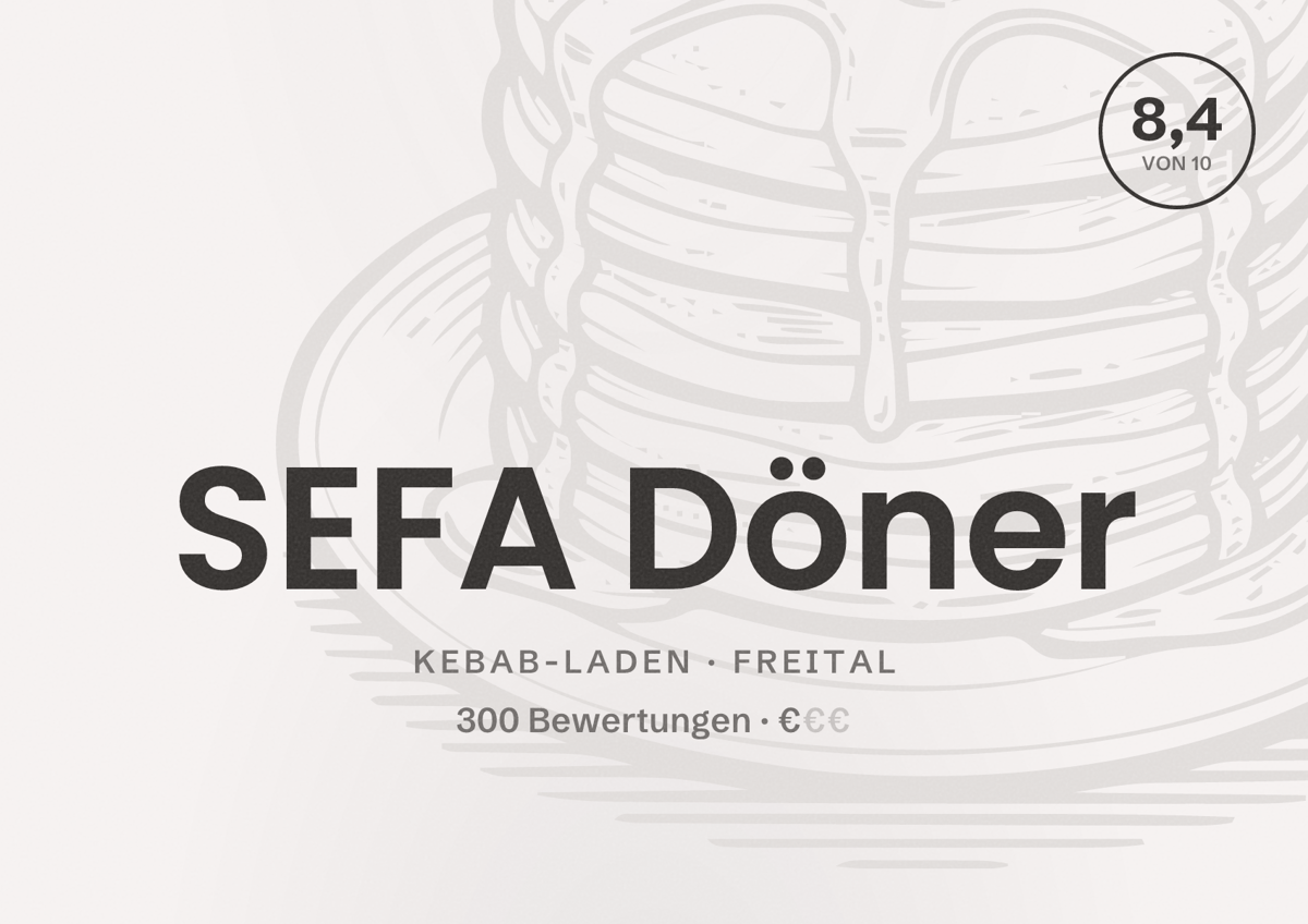 Illustriertes Poster von SEFA Döner, Kebab-Laden in Freital: Bewertung 8,4 von 10 aus 300 Bewertungen, Preisniveau €
